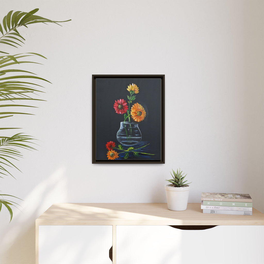Framed Matte Canvas Wall Art — Colorful Gerbera Vase Painting