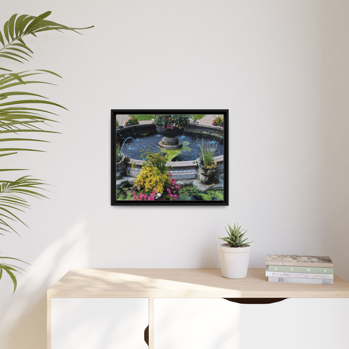 Framed Matte Canvas Fountain Garden Print