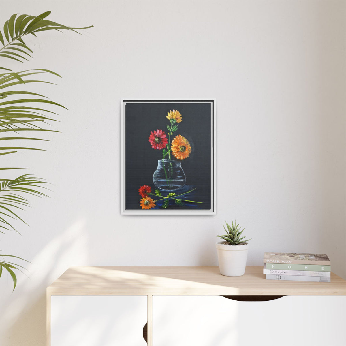 Framed Matte Canvas Wall Art — Colorful Gerbera Vase Painting