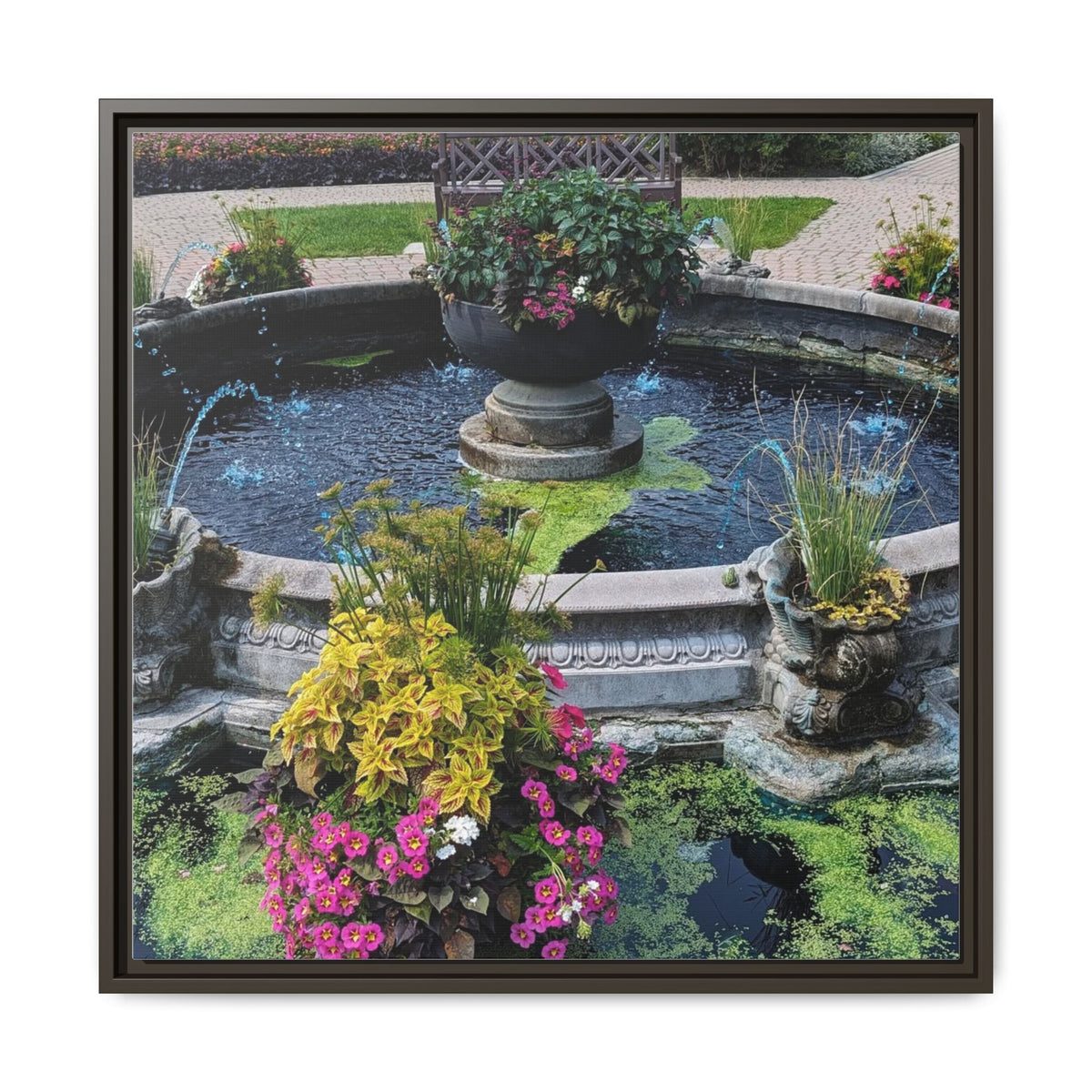 Framed Matte Canvas Fountain Garden Print