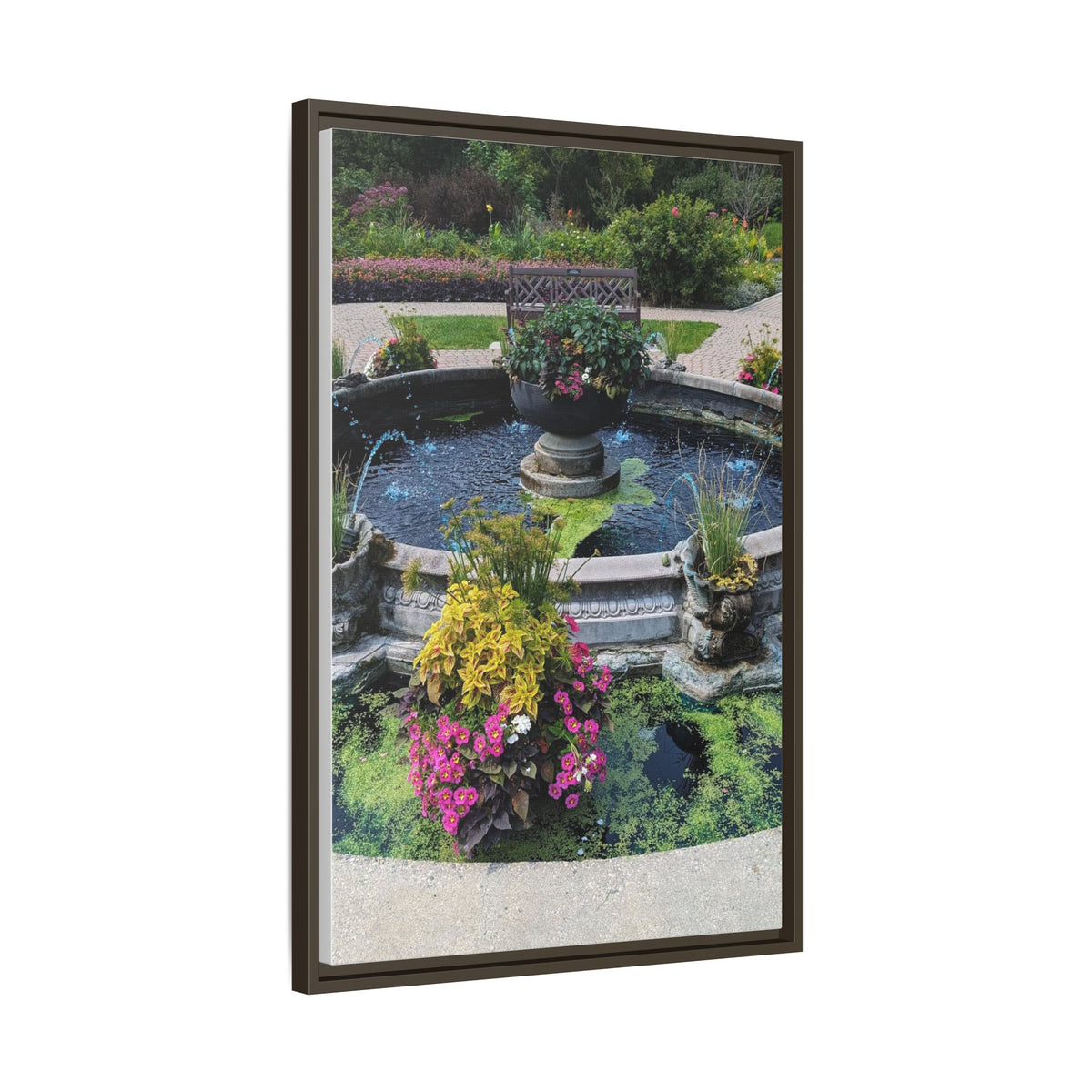 Framed Matte Canvas Fountain Garden Print