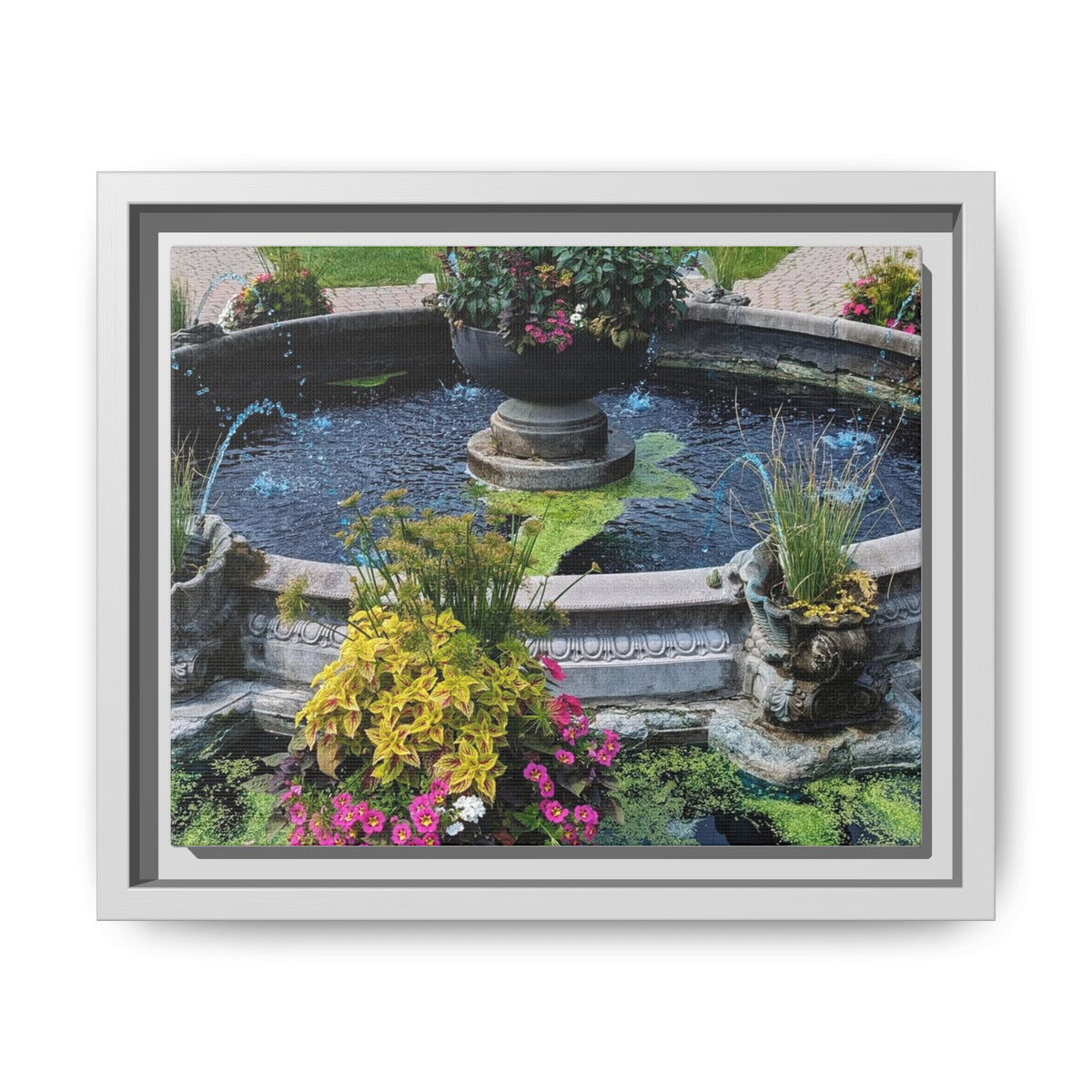 Framed Matte Canvas Fountain Garden Print