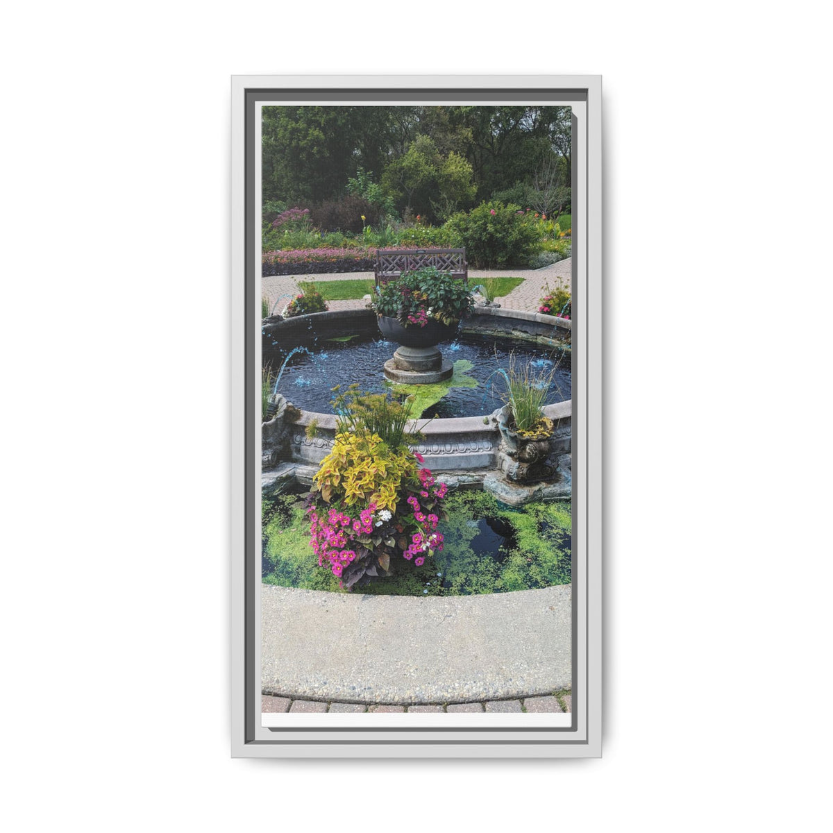 Framed Matte Canvas Fountain Garden Print