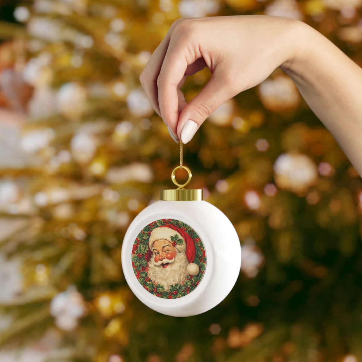 Vintage Santa Christmas Ball Ornament – Retro Holiday Glass Ornament with Poinsettia & Candles