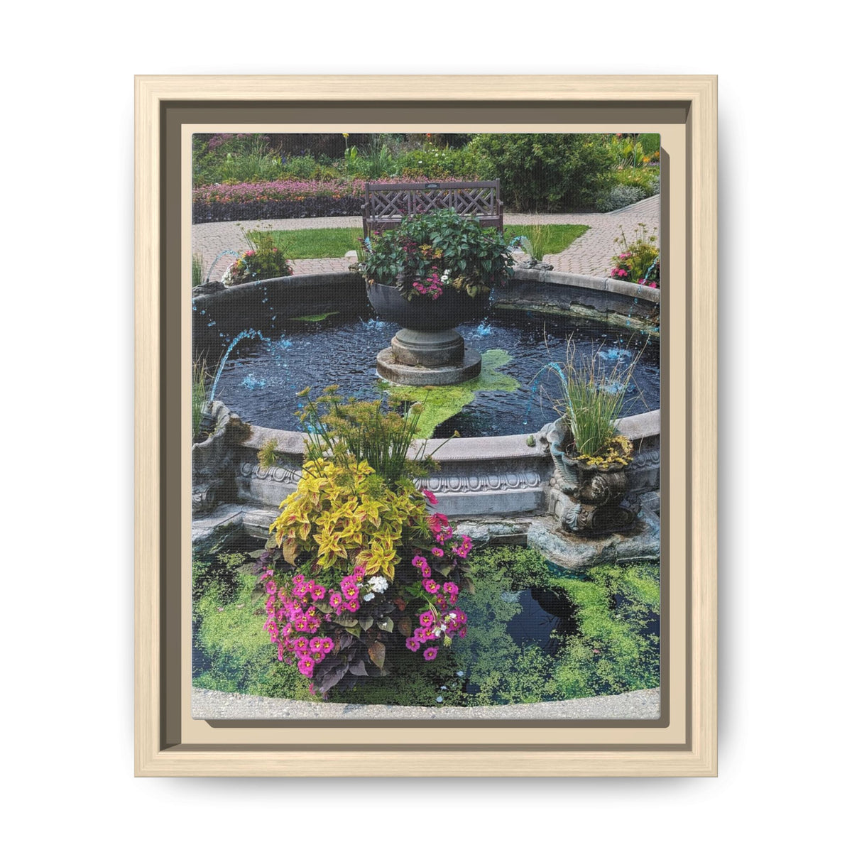 Framed Matte Canvas Fountain Garden Print