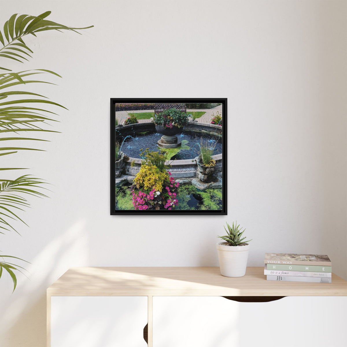 Framed Matte Canvas Fountain Garden Print