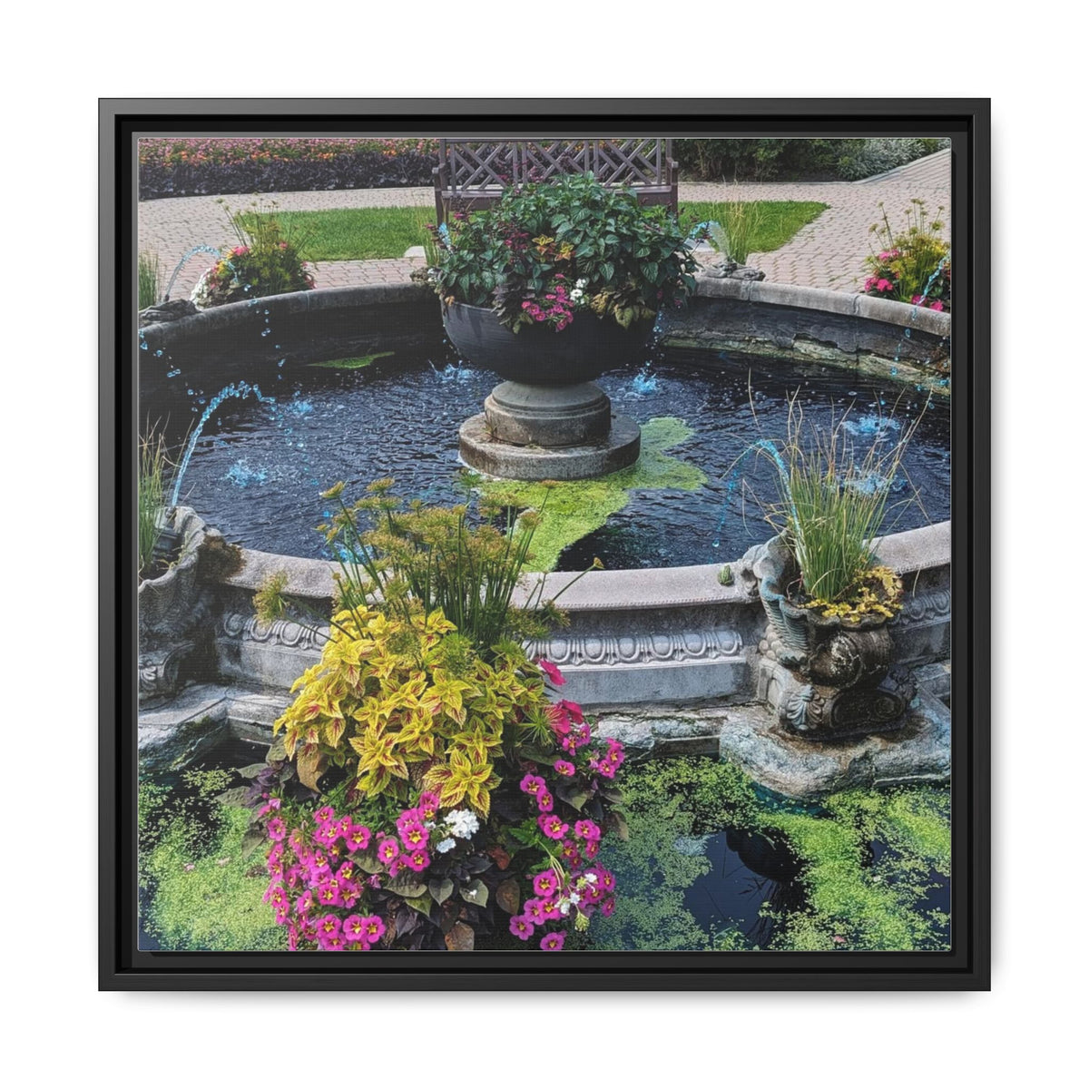 Framed Matte Canvas Fountain Garden Print
