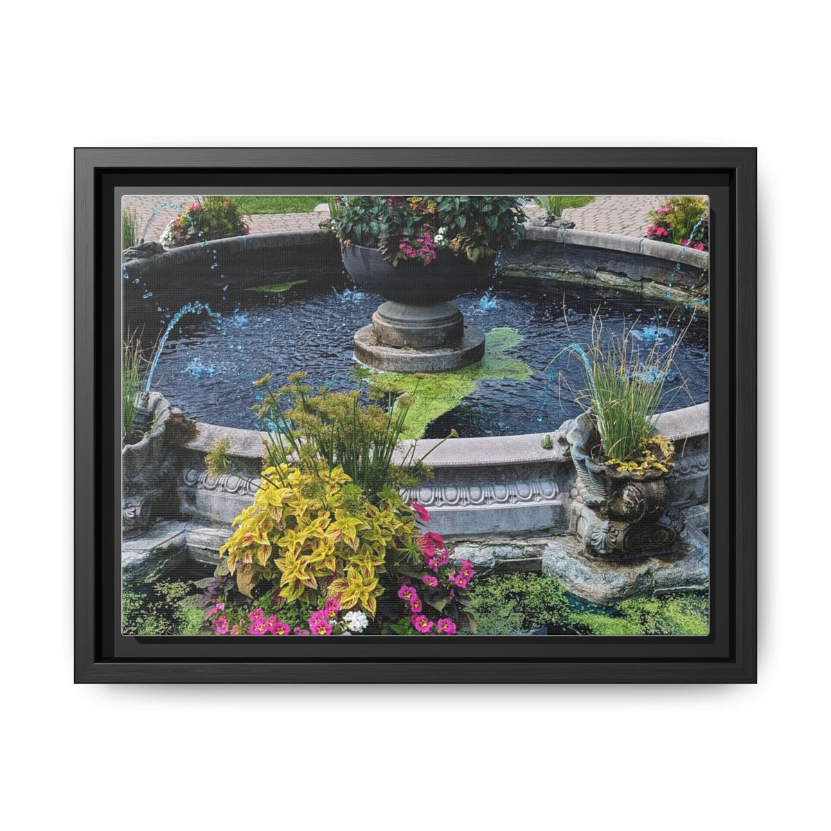 Framed Matte Canvas Fountain Garden Print