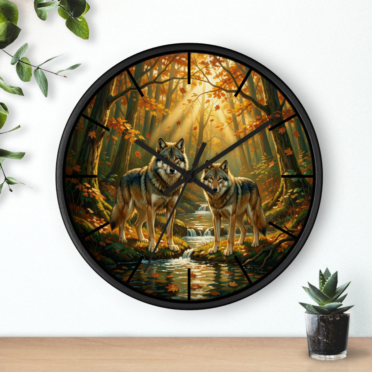 Wolf Forest Wall Clock — Autumn Woodland Wildlife Decor