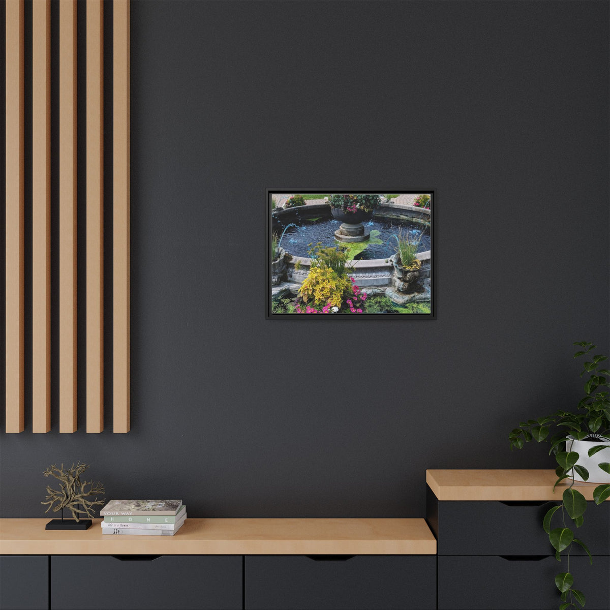 Framed Matte Canvas Fountain Garden Print