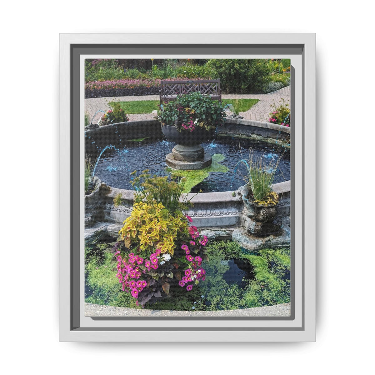 Framed Matte Canvas Fountain Garden Print