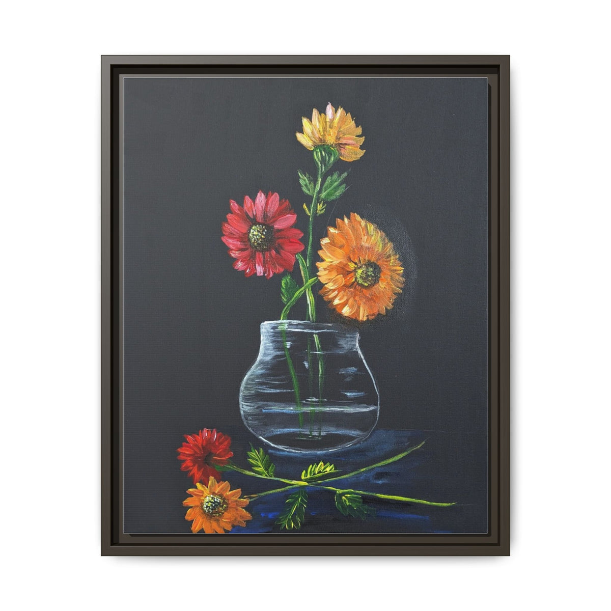 Framed Matte Canvas Wall Art — Colorful Gerbera Vase Painting