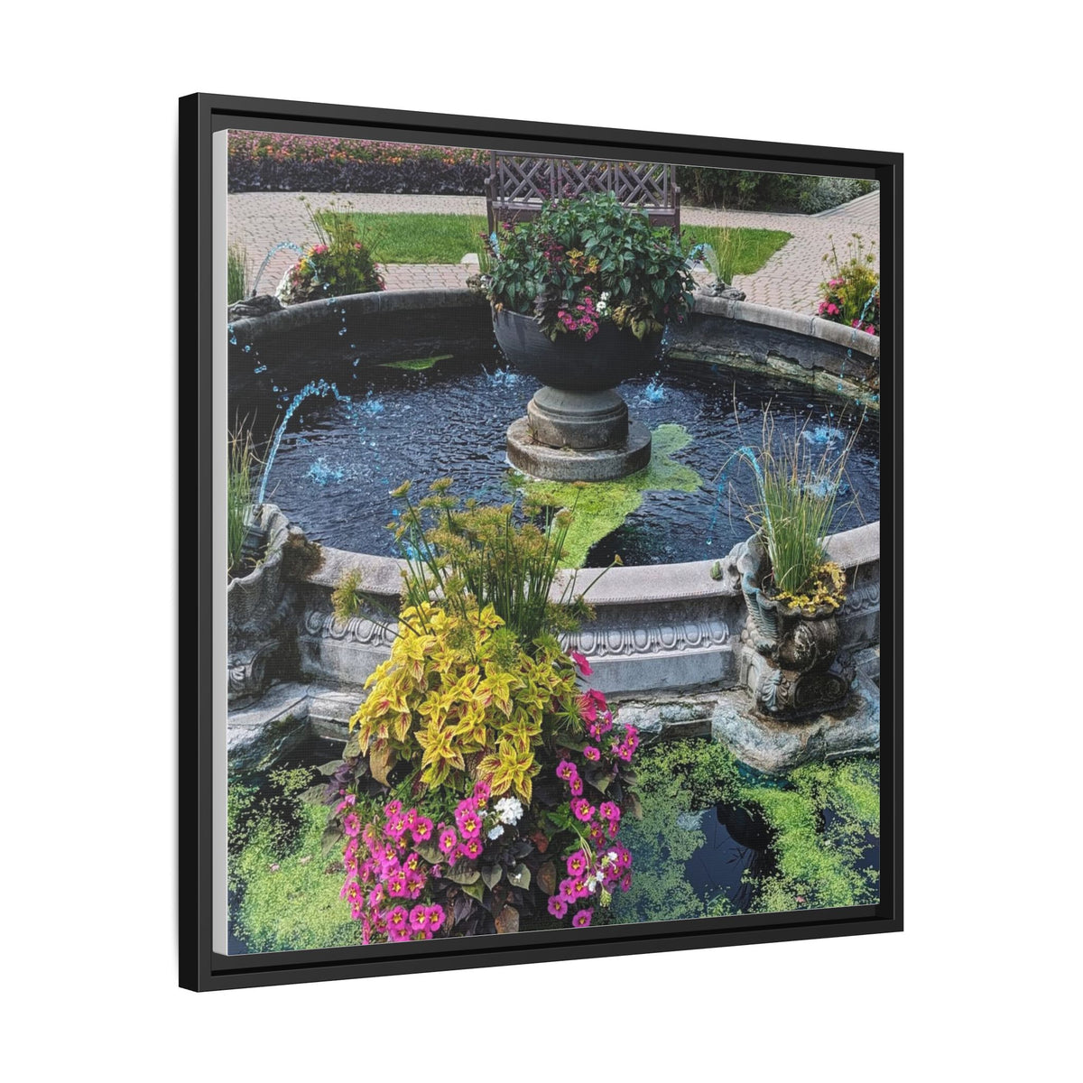 Framed Matte Canvas Fountain Garden Print