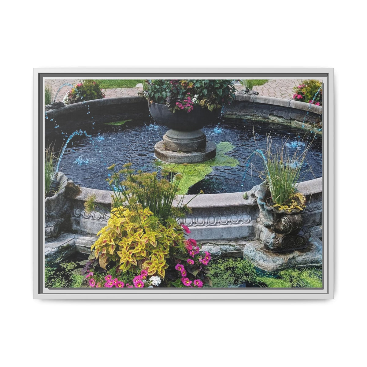 Framed Matte Canvas Fountain Garden Print