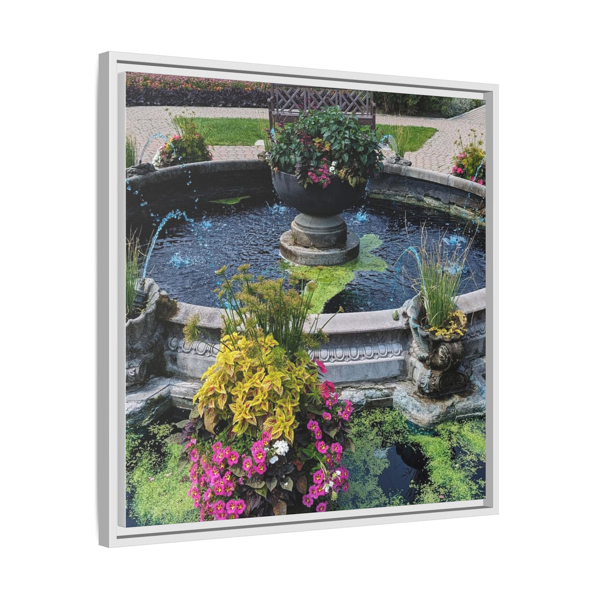 Framed Matte Canvas Fountain Garden Print