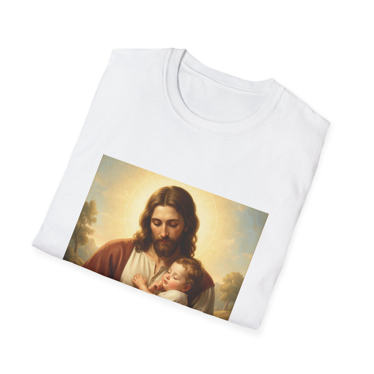 Jesus Holding Baby Graphic T-Shirt — Christian Faith Religious Tee for Parents & Church