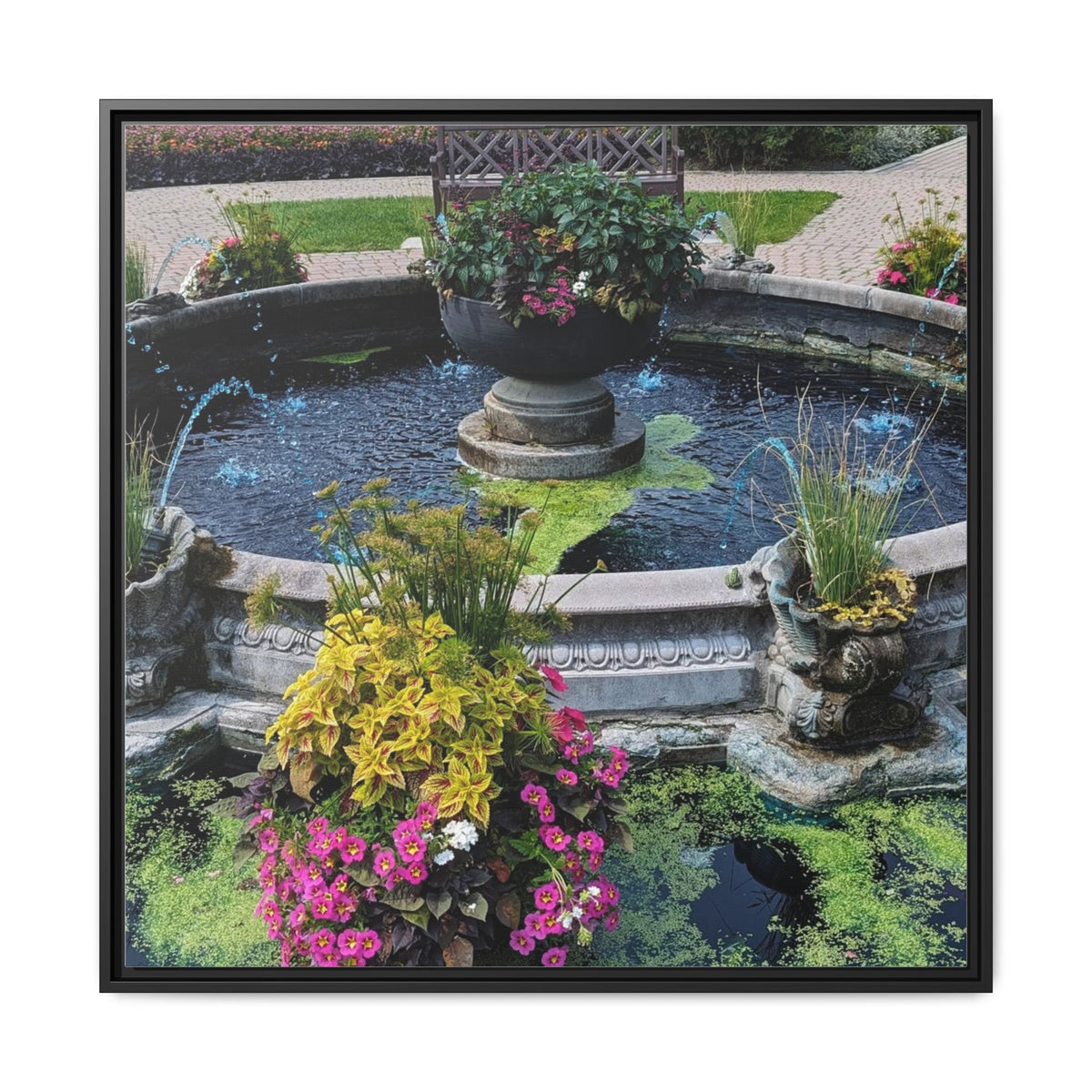 Framed Matte Canvas Fountain Garden Print