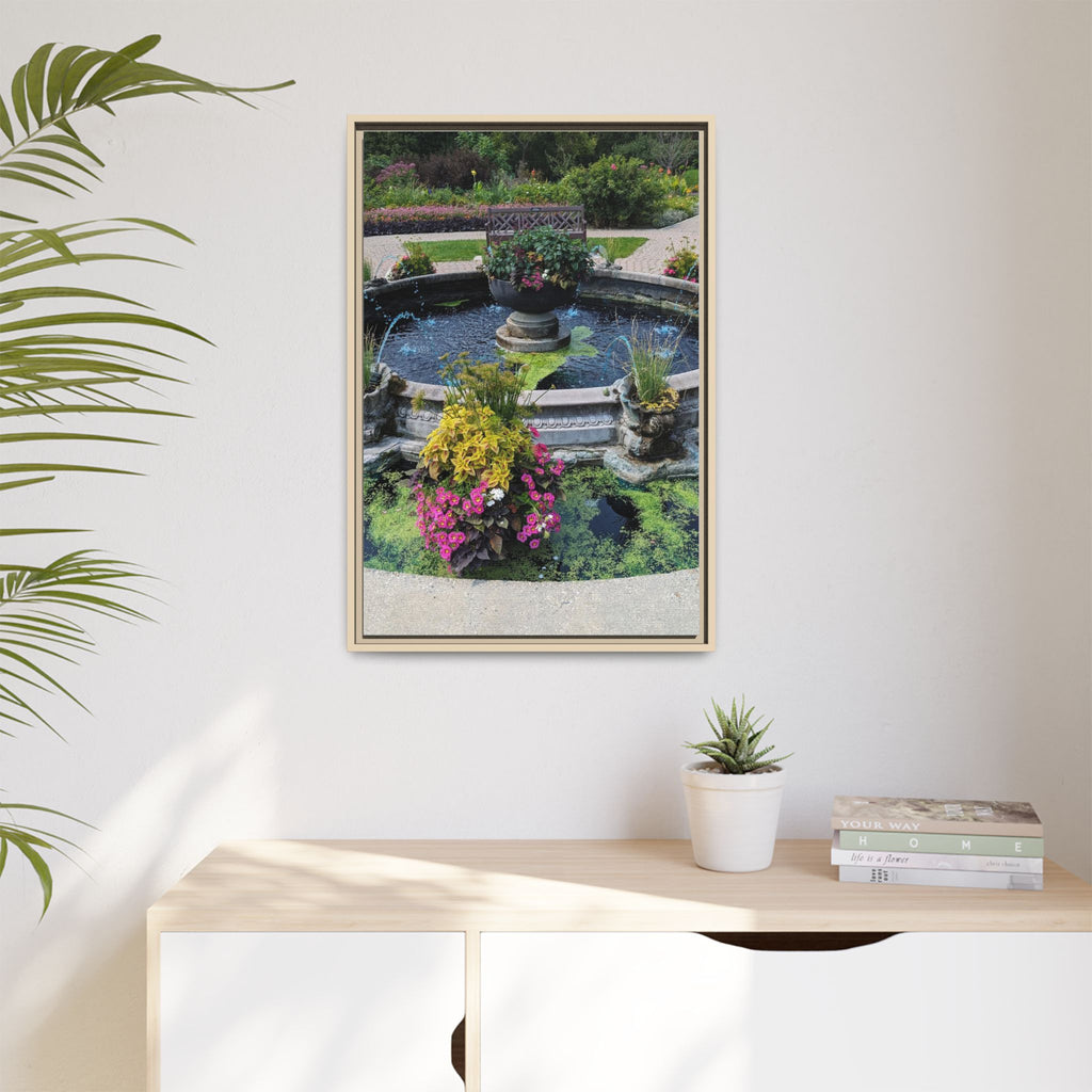 Framed Matte Canvas Fountain Garden Print