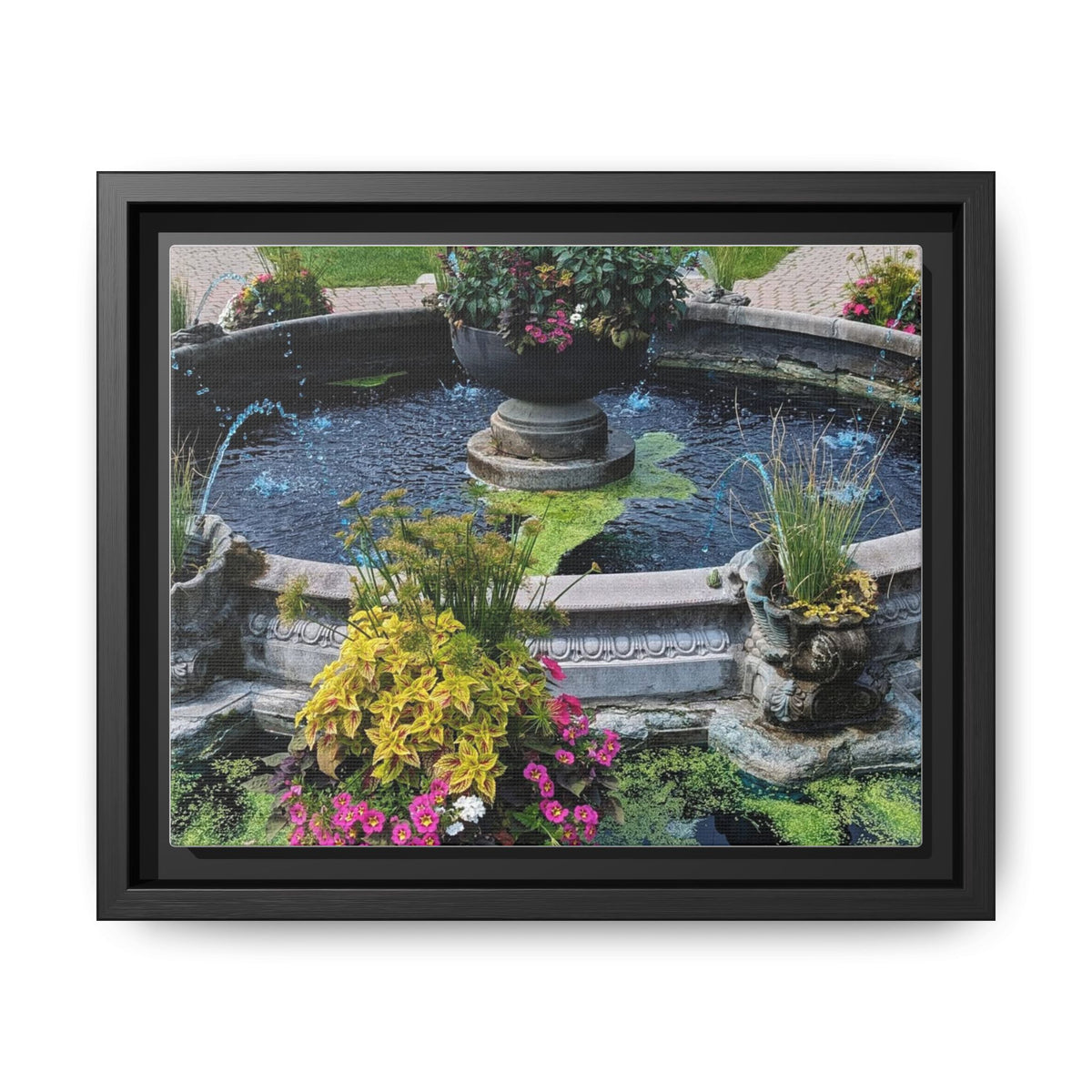 Framed Matte Canvas Fountain Garden Print