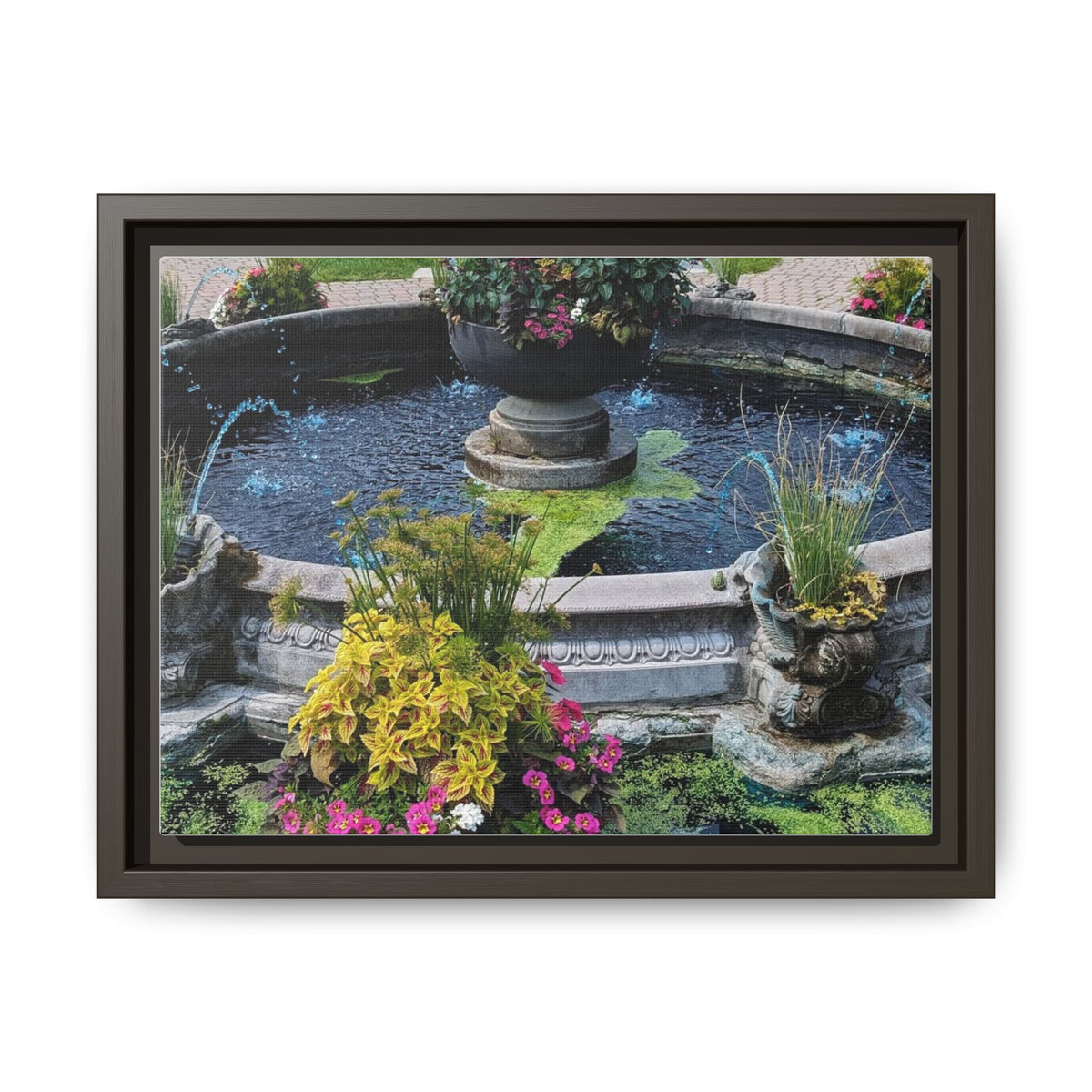 Framed Matte Canvas Fountain Garden Print