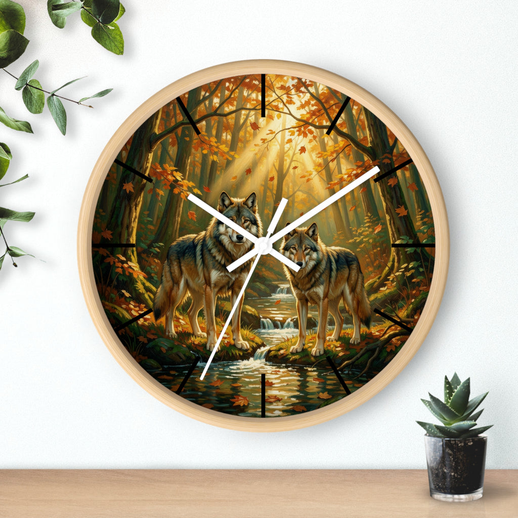 Wolf Forest Wall Clock — Autumn Woodland Wildlife Decor