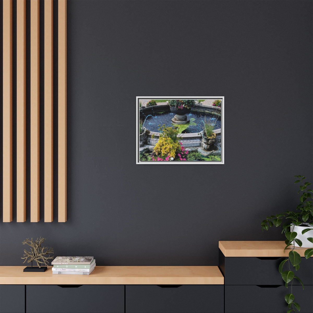 Framed Matte Canvas Fountain Garden Print