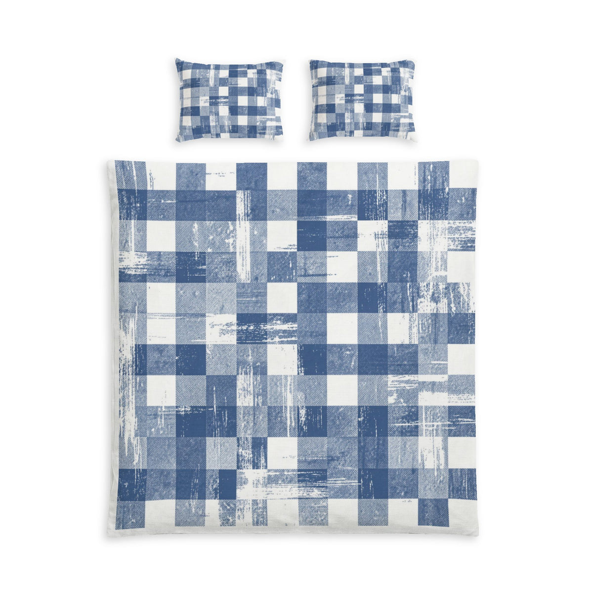 Blue Buffalo Check Cotton Bed Set — Distressed Plaid Duvet Cover & Pillowcases