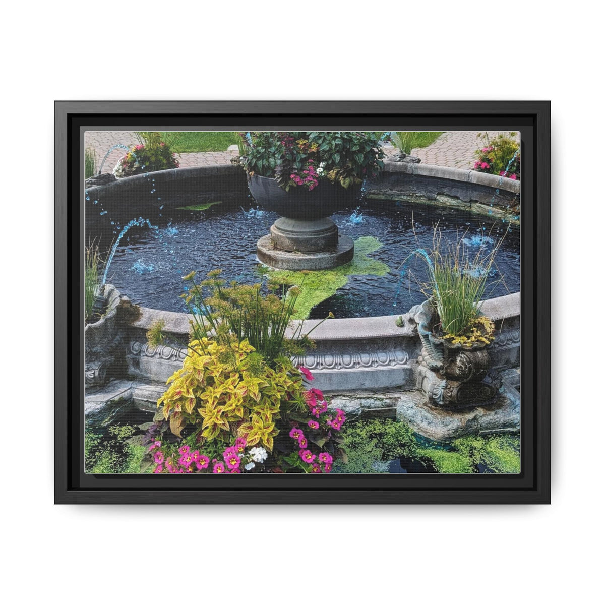 Framed Matte Canvas Fountain Garden Print