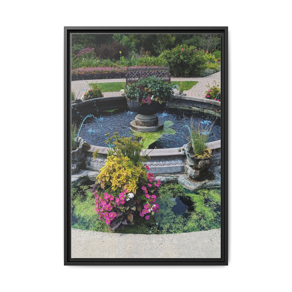Framed Matte Canvas Fountain Garden Print
