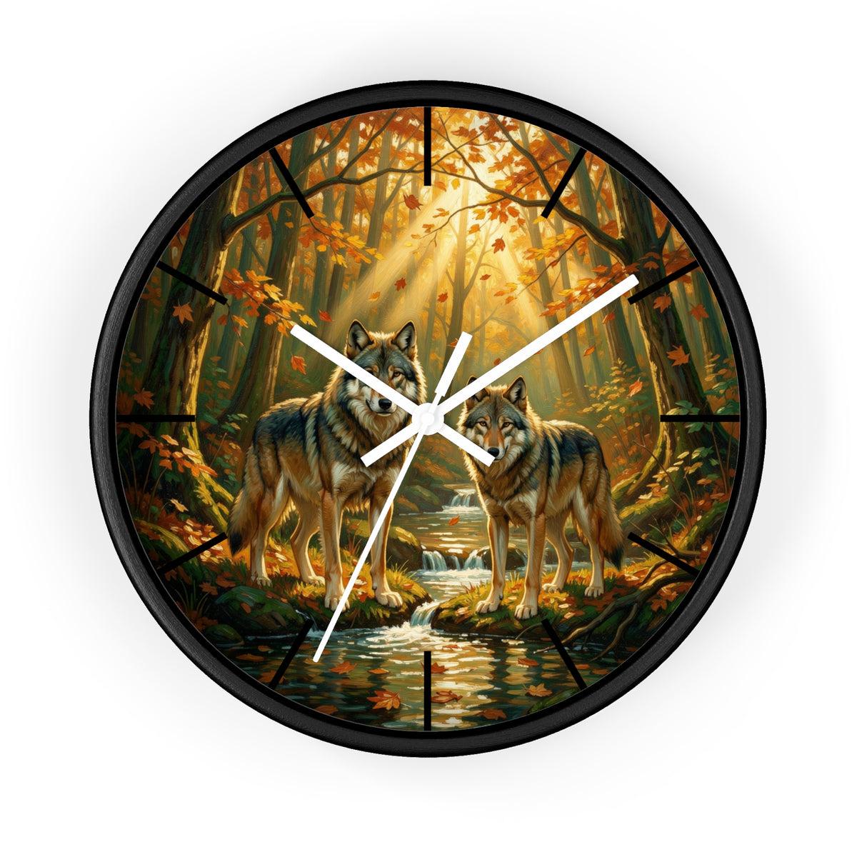 Wolf Forest Wall Clock — Autumn Woodland Wildlife Decor
