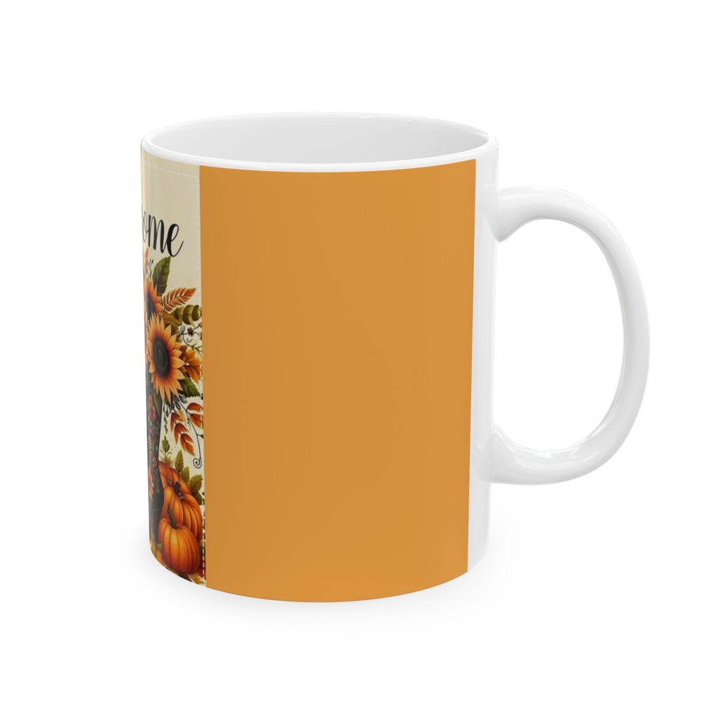 Welcome Autumn Sunflowers Ceramic Mug — Fall Pumpkin & Spiderweb Coffee Cup (11oz/15oz)