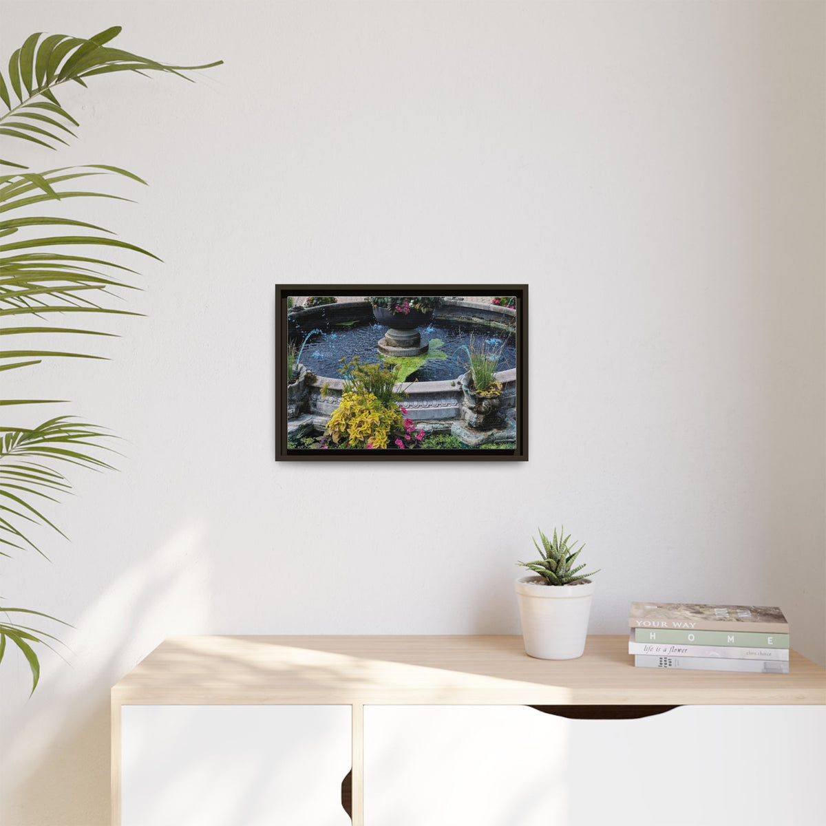 Framed Matte Canvas Fountain Garden Print