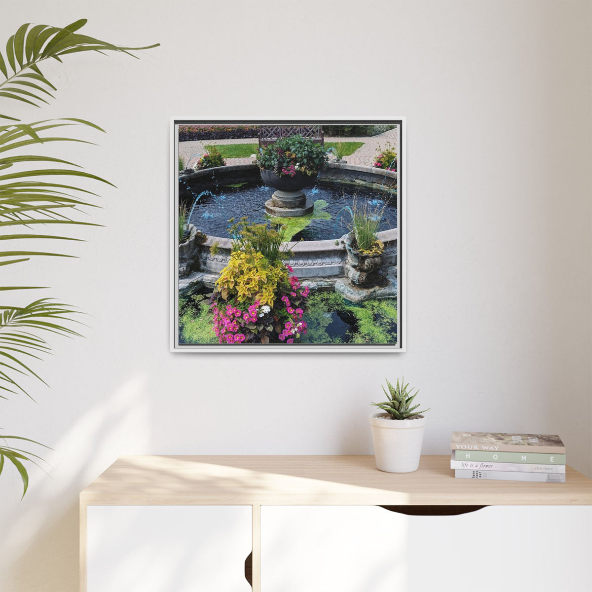 Framed Matte Canvas Fountain Garden Print