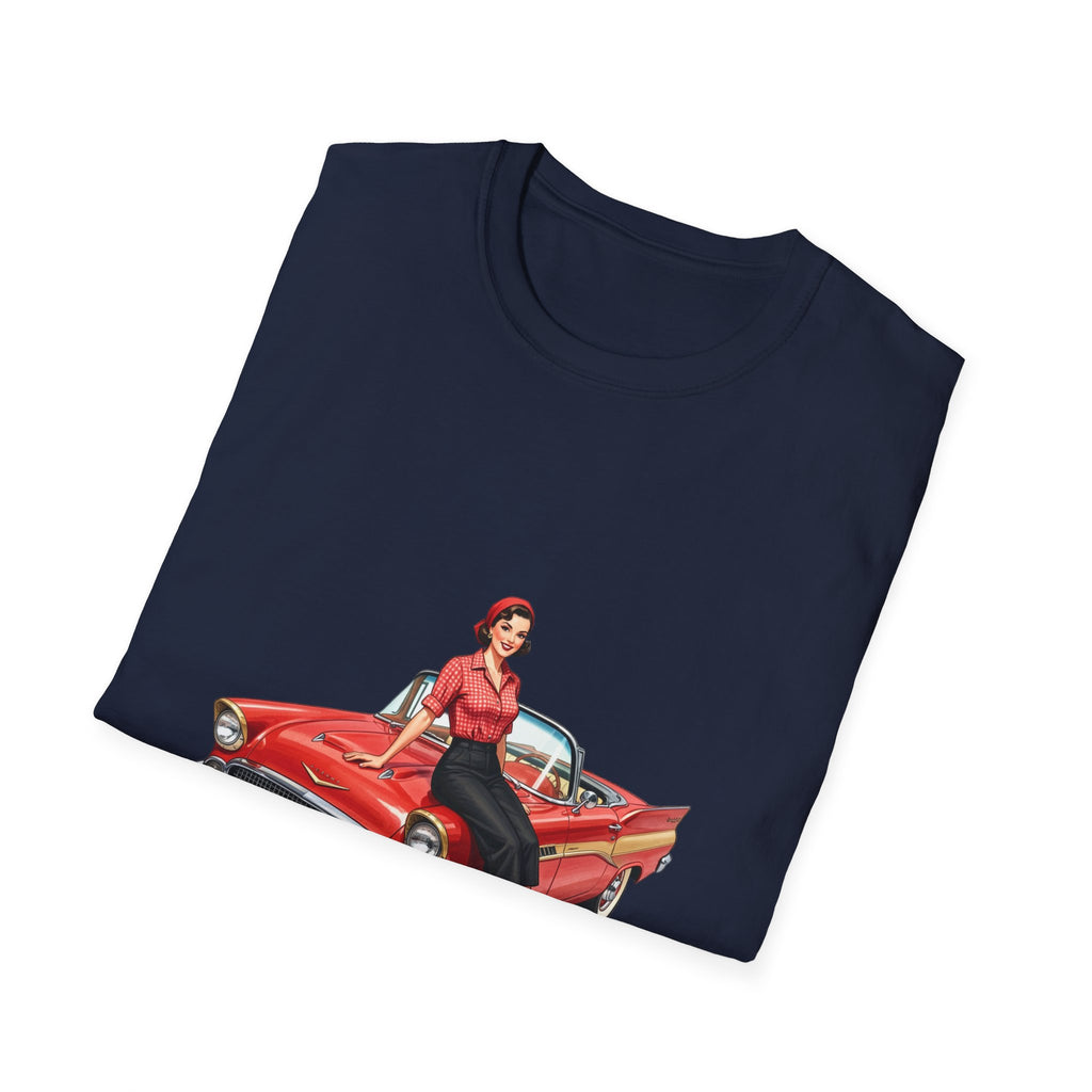 Vintage Pin-Up Girl on Red Classic Car T-Shirt