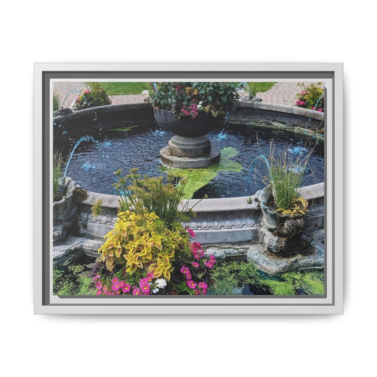 Framed Matte Canvas Fountain Garden Print