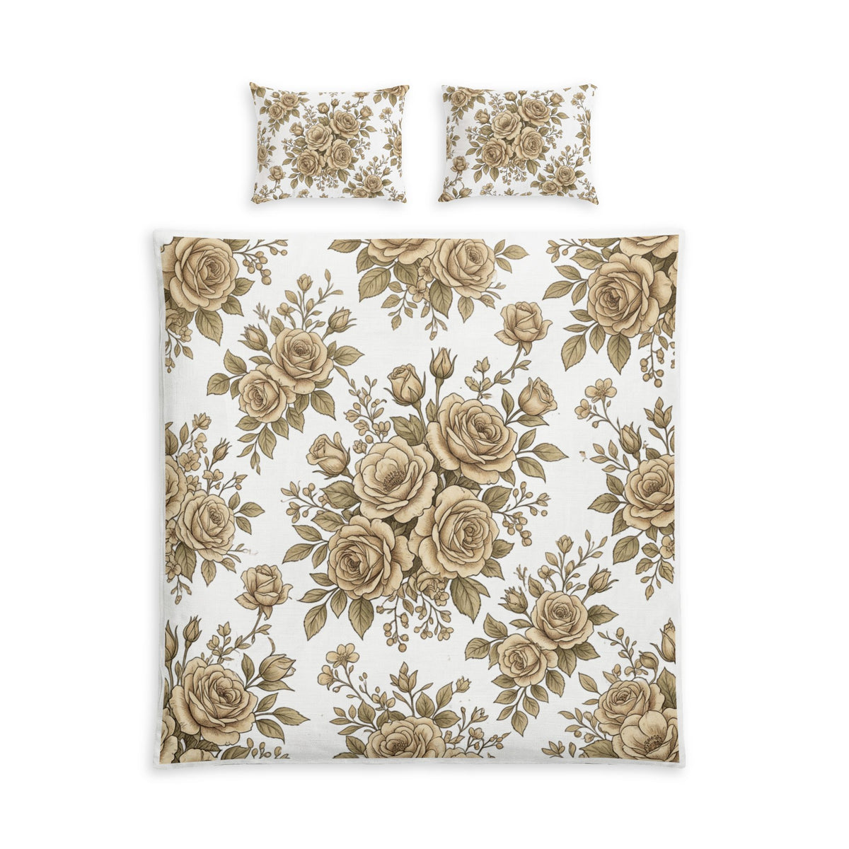 Vintage Beige Rose Cotton Bed Set – Floral Duvet Cover & Pillowcases
