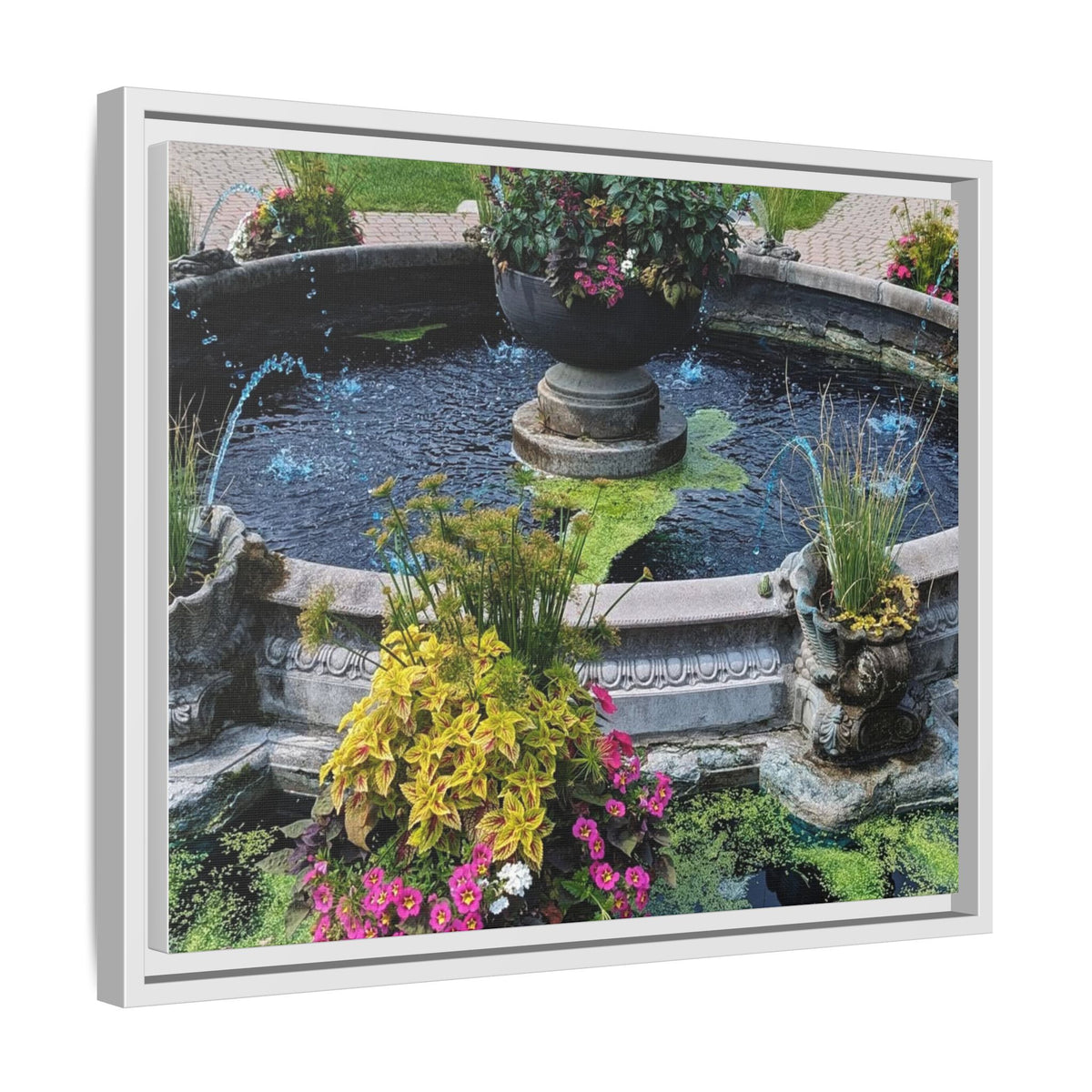 Framed Matte Canvas Fountain Garden Print