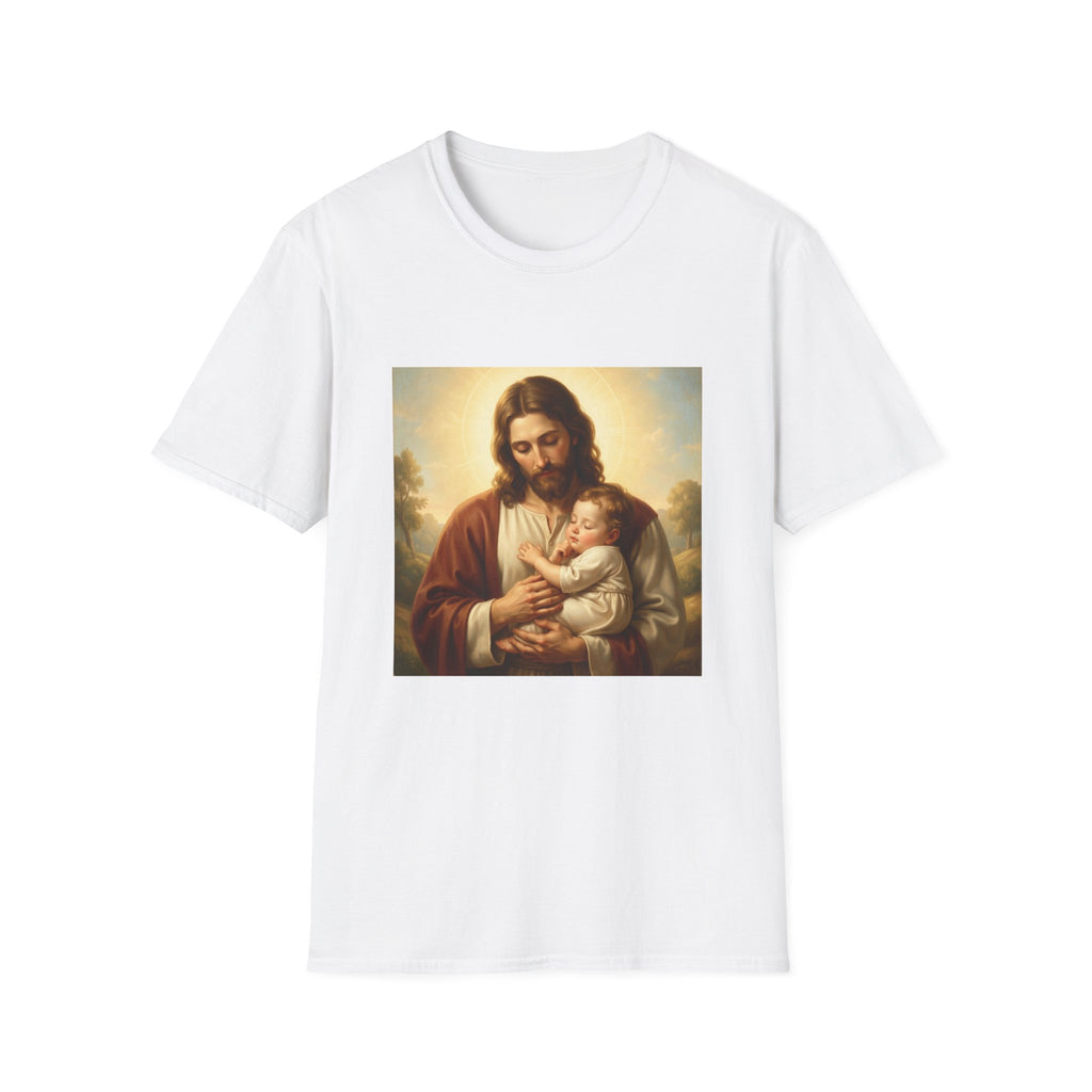 Jesus Holding Baby Graphic T-Shirt — Christian Faith Religious Tee for Parents & Church