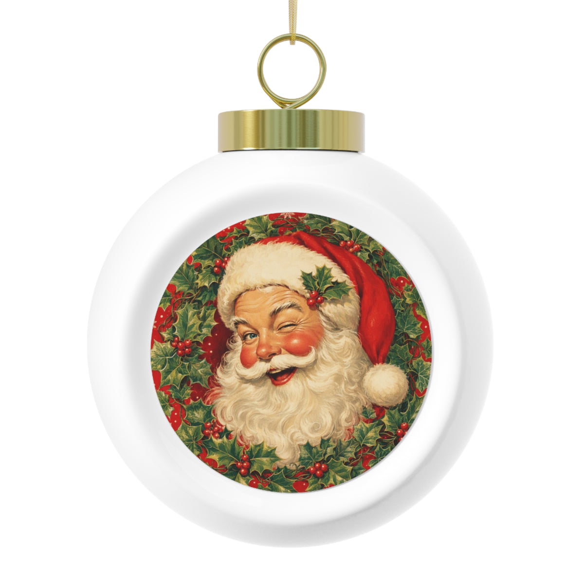 Vintage Santa Christmas Ball Ornament – Retro Holiday Glass Ornament with Poinsettia & Candles