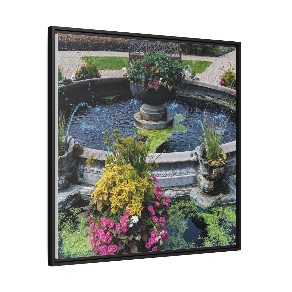 Framed Matte Canvas Fountain Garden Print