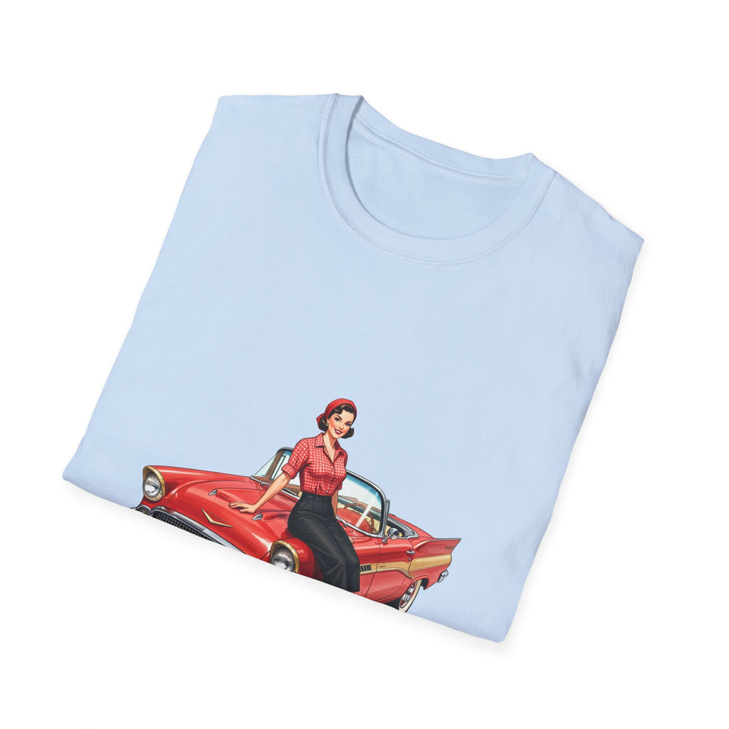 Vintage Pin-Up Girl on Red Classic Car T-Shirt