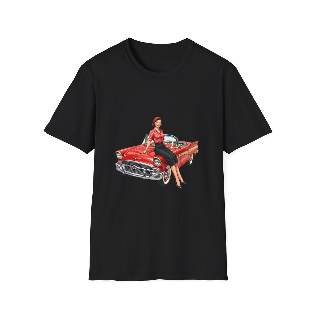 Vintage Pin-Up Girl on Red Classic Car T-Shirt