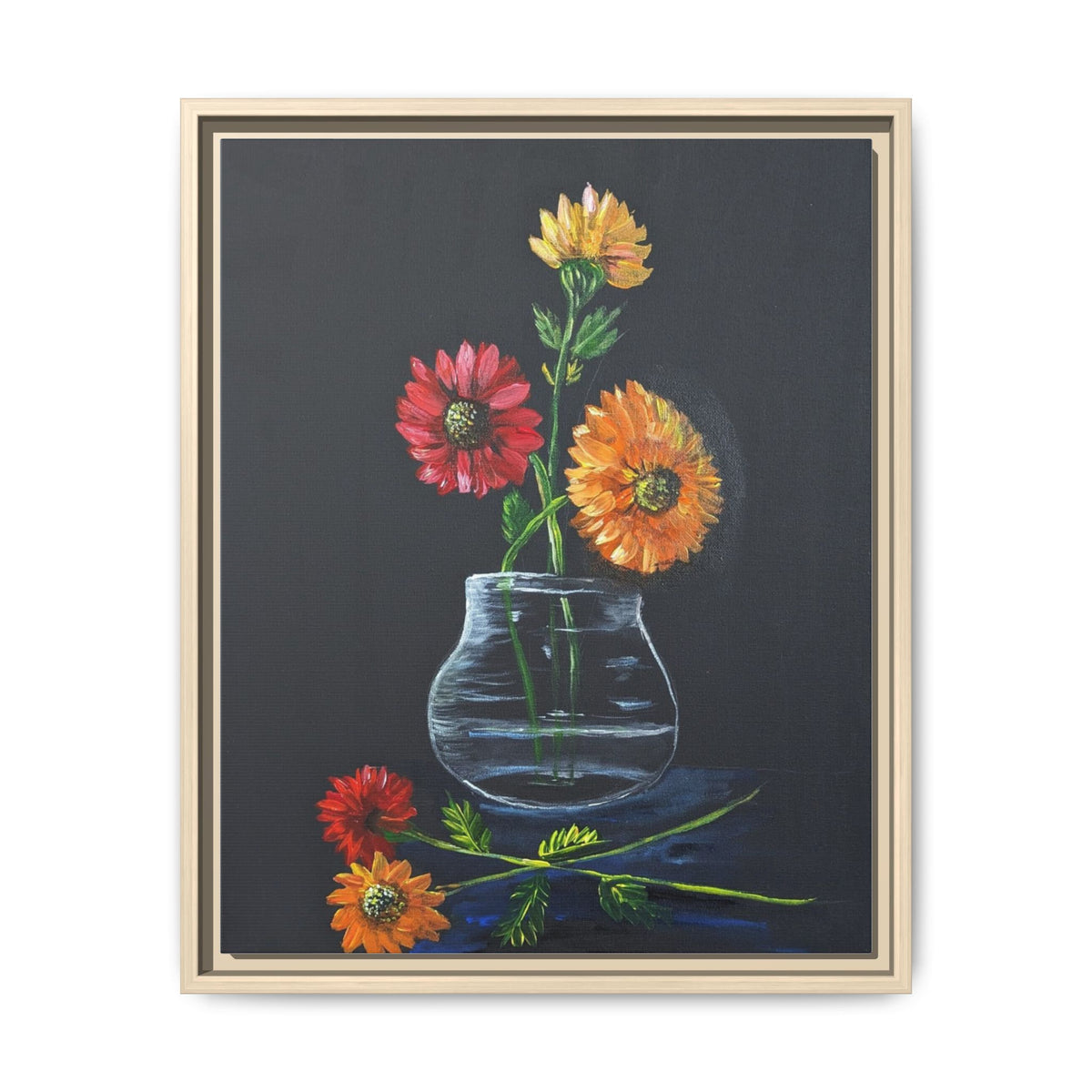 Framed Matte Canvas Wall Art — Colorful Gerbera Vase Painting