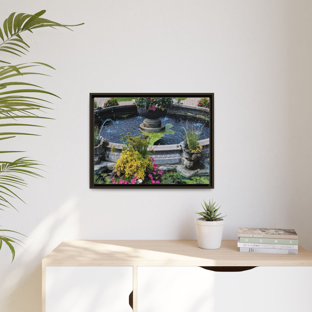 Framed Matte Canvas Fountain Garden Print