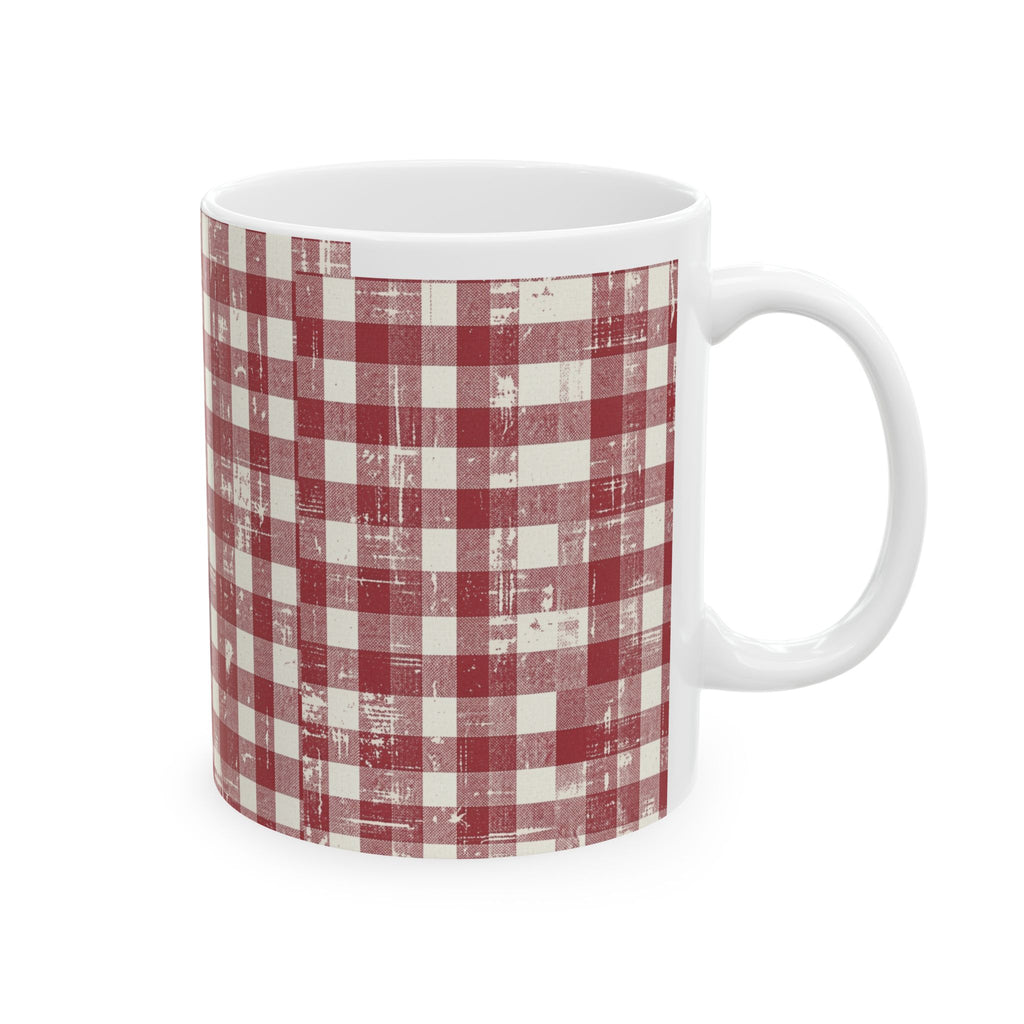 Red Buffalo Plaid Ceramic Mug — Rustic Farmhouse Coffee Cup (11oz & 15oz)