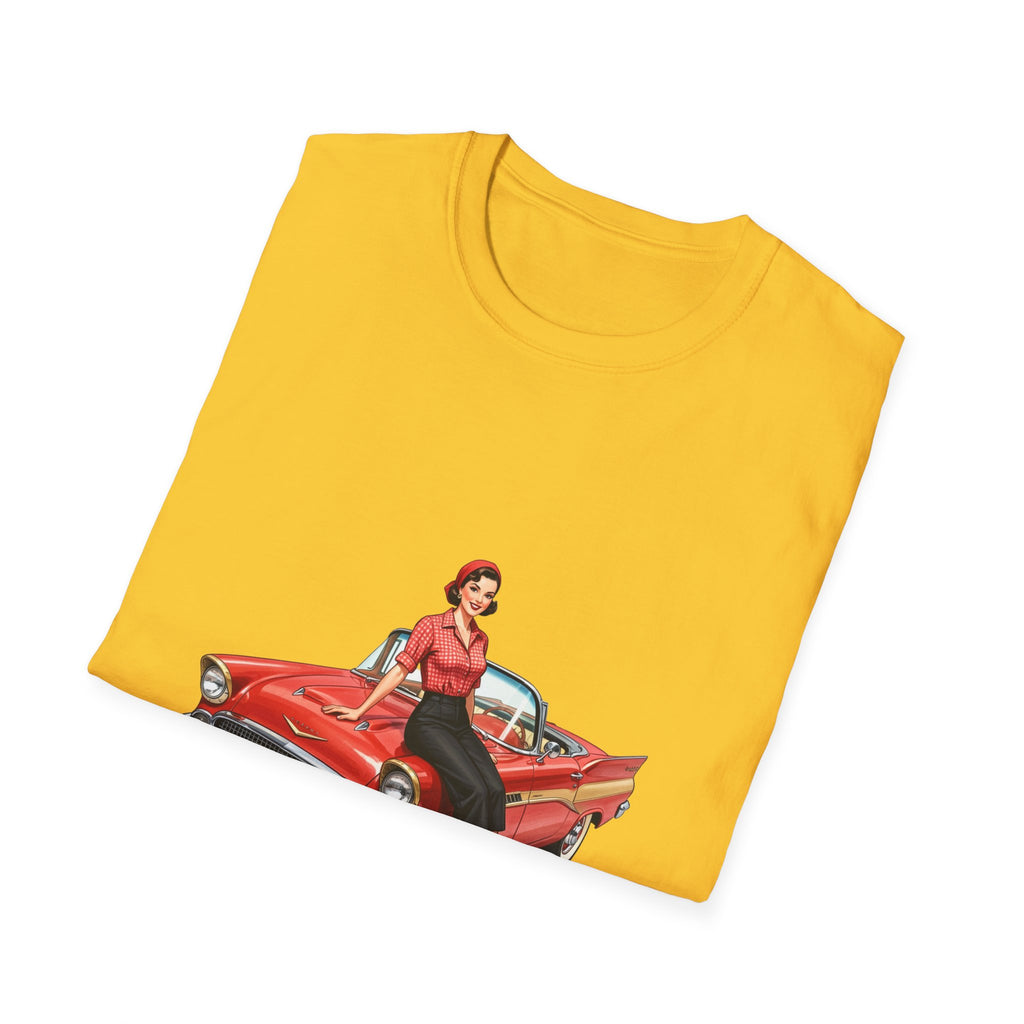 Vintage Pin-Up Girl on Red Classic Car T-Shirt