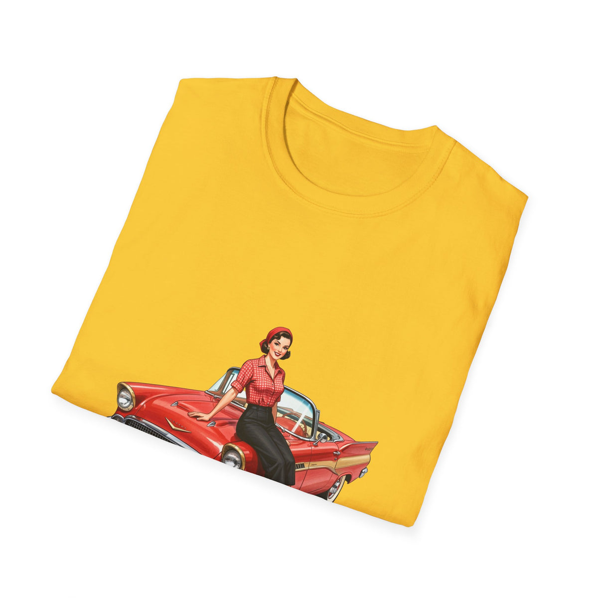 Vintage Pin-Up Girl on Red Classic Car T-Shirt