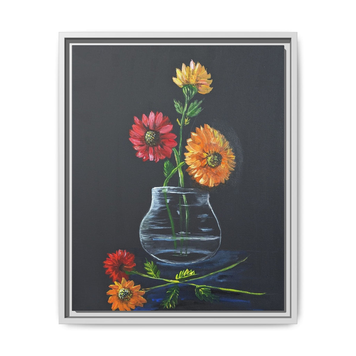 Framed Matte Canvas Wall Art — Colorful Gerbera Vase Painting