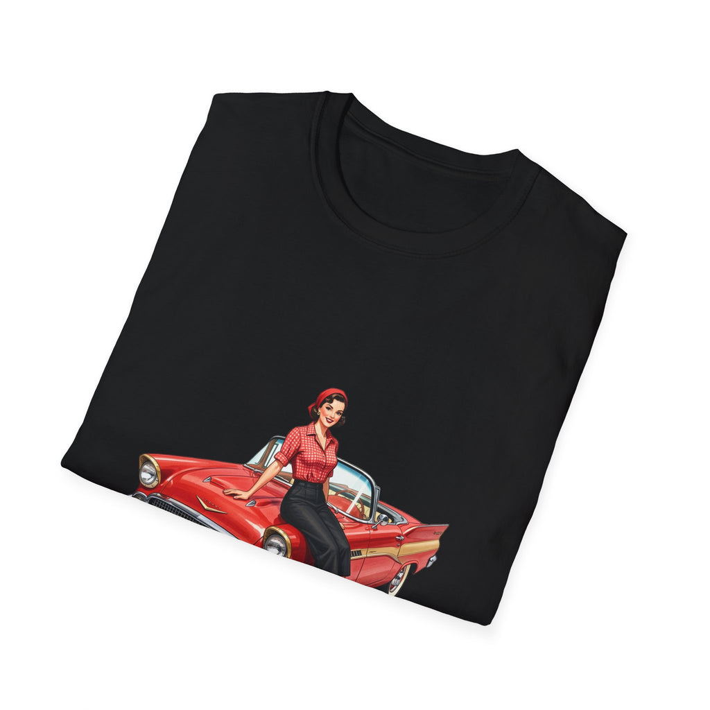 Vintage Pin-Up Girl on Red Classic Car T-Shirt
