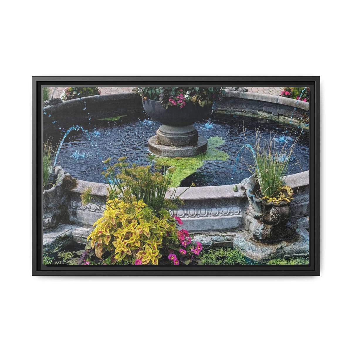 Framed Matte Canvas Fountain Garden Print